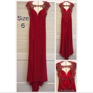 La Femme Red Jersey Evening Gown